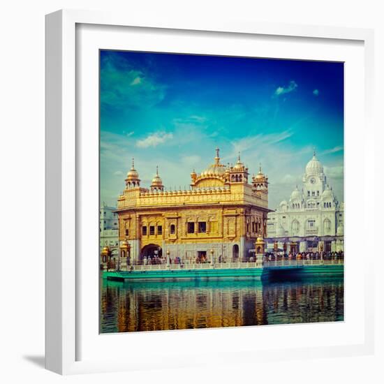 Vintage Retro Hipster Style Travel Image of Famous India Attraction Sikh Gurdwara Golden Temple (Ha-f9photos-Framed Photographic Print