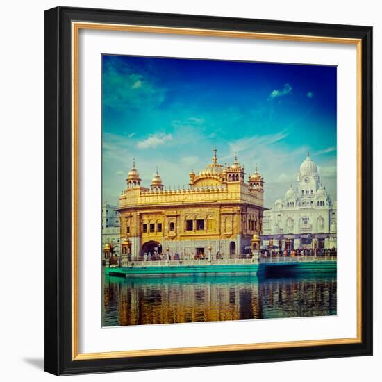 Vintage Retro Hipster Style Travel Image of Famous India Attraction Sikh Gurdwara Golden Temple (Ha-f9photos-Framed Photographic Print