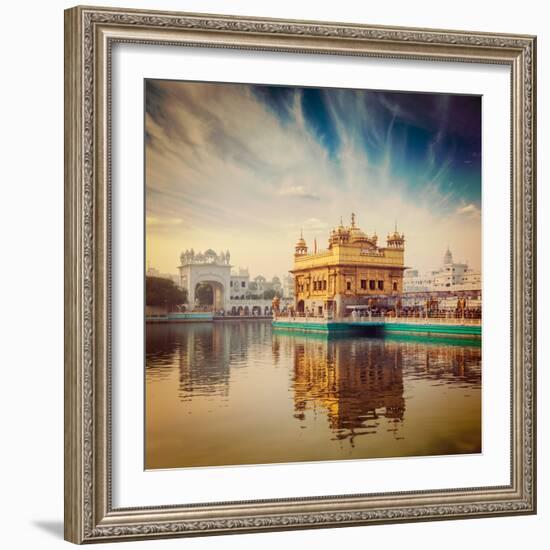 Vintage Retro Hipster Style Travel Image of Famous India Attraction Sikh Gurdwara Golden Temple (Ha-f9photos-Framed Photographic Print