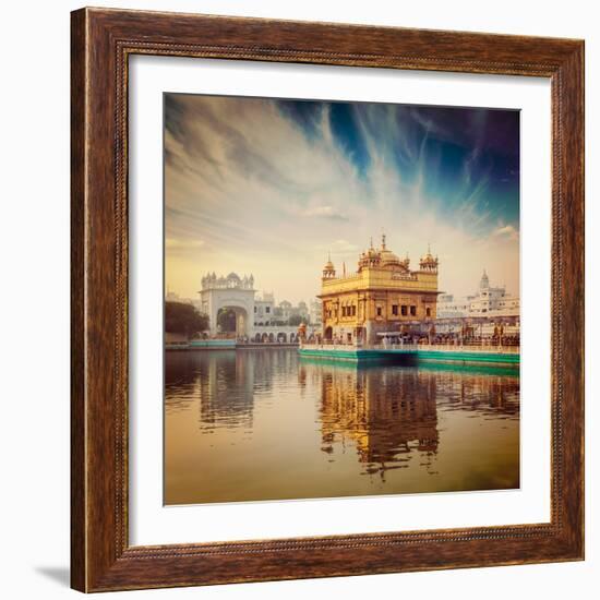 Vintage Retro Hipster Style Travel Image of Famous India Attraction Sikh Gurdwara Golden Temple (Ha-f9photos-Framed Photographic Print