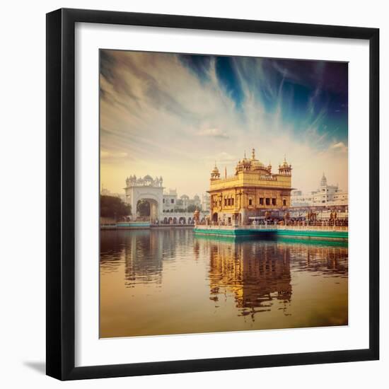 Vintage Retro Hipster Style Travel Image of Famous India Attraction Sikh Gurdwara Golden Temple (Ha-f9photos-Framed Photographic Print