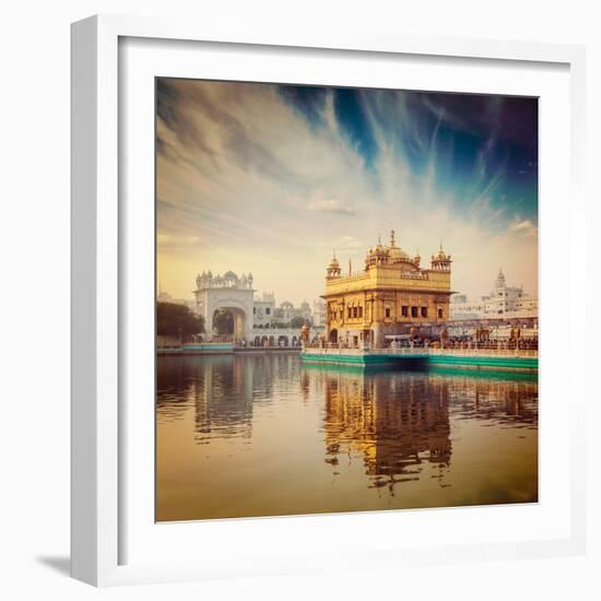 Vintage Retro Hipster Style Travel Image of Famous India Attraction Sikh Gurdwara Golden Temple (Ha-f9photos-Framed Photographic Print