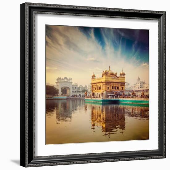 Vintage Retro Hipster Style Travel Image of Famous India Attraction Sikh Gurdwara Golden Temple (Ha-f9photos-Framed Photographic Print