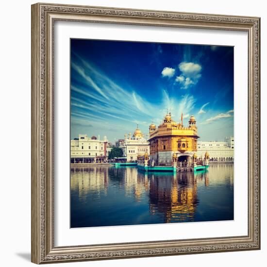 Vintage Retro Hipster Style Travel Image of Famous India Attraction Sikh Gurdwara Golden Temple (Ha-f9photos-Framed Photographic Print