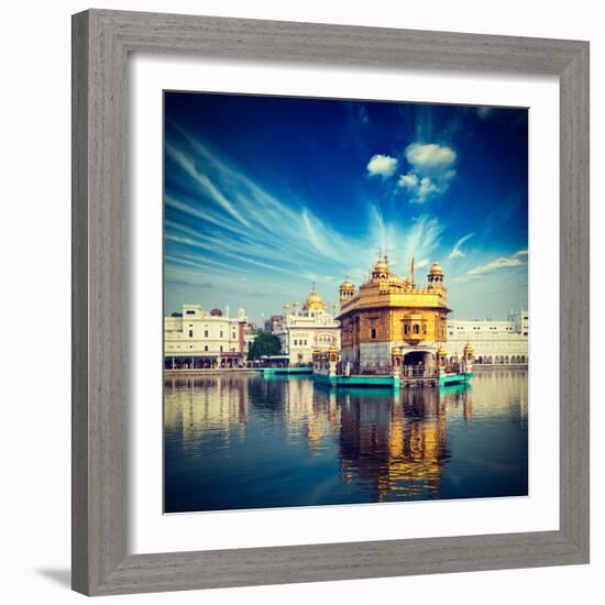 Vintage Retro Hipster Style Travel Image of Famous India Attraction Sikh Gurdwara Golden Temple (Ha-f9photos-Framed Photographic Print