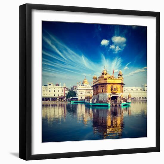 Vintage Retro Hipster Style Travel Image of Famous India Attraction Sikh Gurdwara Golden Temple (Ha-f9photos-Framed Photographic Print