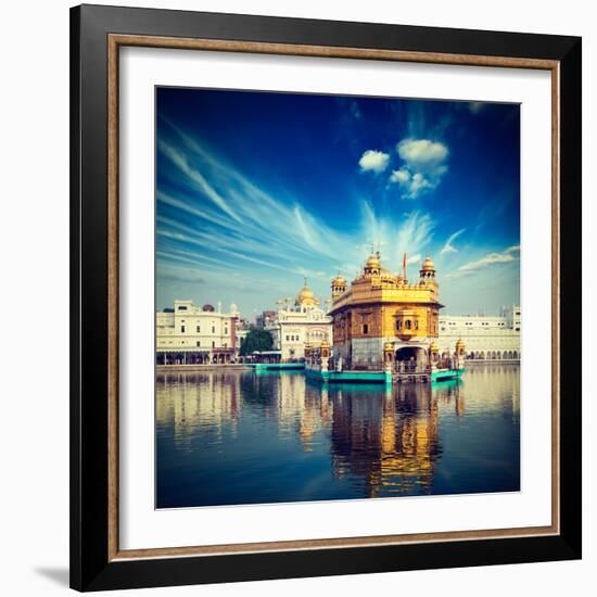 Vintage Retro Hipster Style Travel Image of Famous India Attraction Sikh Gurdwara Golden Temple (Ha-f9photos-Framed Photographic Print