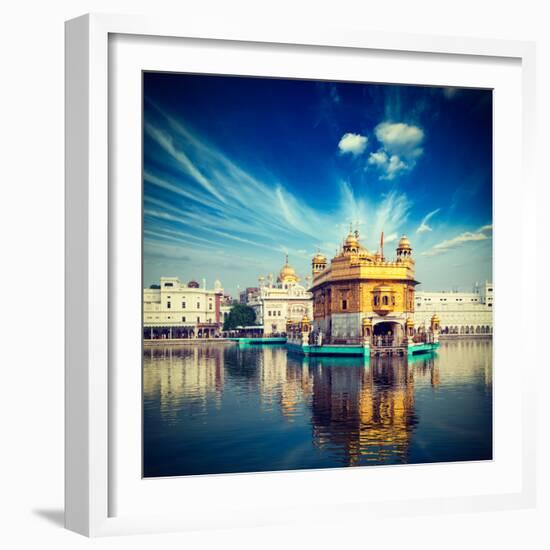 Vintage Retro Hipster Style Travel Image of Famous India Attraction Sikh Gurdwara Golden Temple (Ha-f9photos-Framed Photographic Print