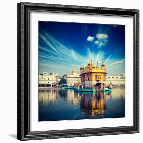 Vintage Retro Hipster Style Travel Image of Famous India Attraction Sikh Gurdwara Golden Temple (Ha-f9photos-Framed Photographic Print