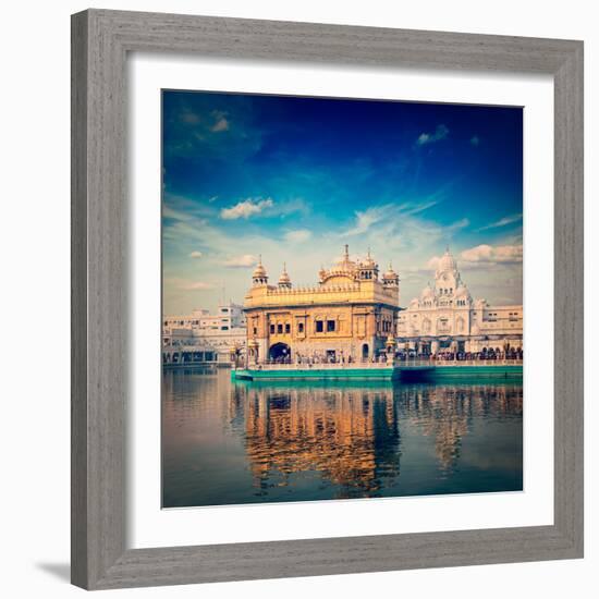 Vintage Retro Hipster Style Travel Image of Famous India Attraction Sikh Gurdwara Golden Temple (Ha-f9photos-Framed Photographic Print