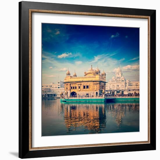 Vintage Retro Hipster Style Travel Image of Famous India Attraction Sikh Gurdwara Golden Temple (Ha-f9photos-Framed Photographic Print