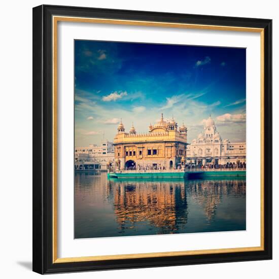 Vintage Retro Hipster Style Travel Image of Famous India Attraction Sikh Gurdwara Golden Temple (Ha-f9photos-Framed Photographic Print