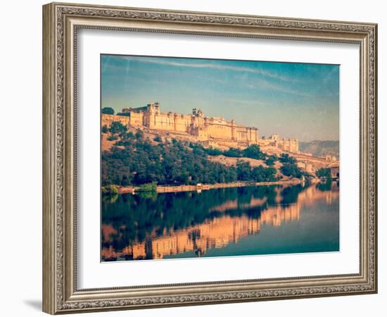 Vintage Retro Hipster Style Travel Image of Famous Rajasthan Landmark - Amer (Amber) Fort, Rajastha-f9photos-Framed Photographic Print