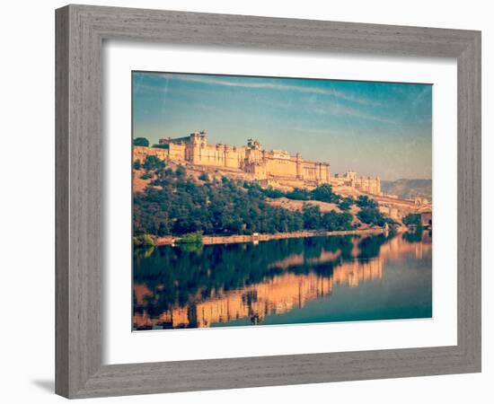 Vintage Retro Hipster Style Travel Image of Famous Rajasthan Landmark - Amer (Amber) Fort, Rajastha-f9photos-Framed Photographic Print