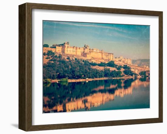 Vintage Retro Hipster Style Travel Image of Famous Rajasthan Landmark - Amer (Amber) Fort, Rajastha-f9photos-Framed Photographic Print