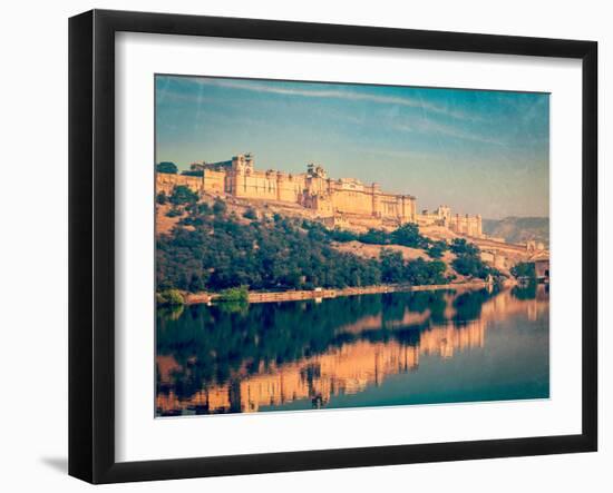 Vintage Retro Hipster Style Travel Image of Famous Rajasthan Landmark - Amer (Amber) Fort, Rajastha-f9photos-Framed Photographic Print