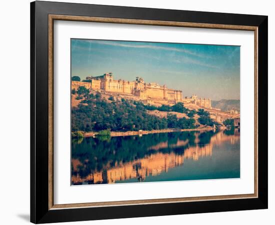 Vintage Retro Hipster Style Travel Image of Famous Rajasthan Landmark - Amer (Amber) Fort, Rajastha-f9photos-Framed Photographic Print