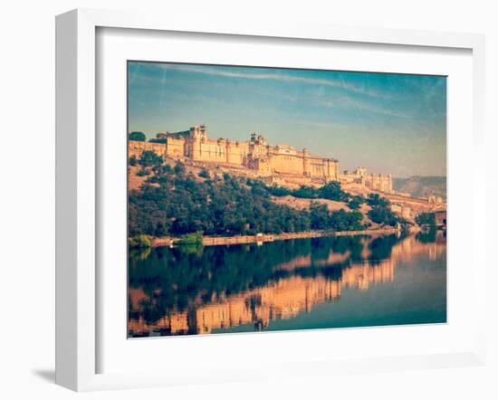 Vintage Retro Hipster Style Travel Image of Famous Rajasthan Landmark - Amer (Amber) Fort, Rajastha-f9photos-Framed Photographic Print