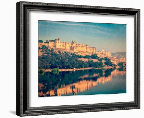 Vintage Retro Hipster Style Travel Image of Famous Rajasthan Landmark - Amer (Amber) Fort, Rajastha-f9photos-Framed Photographic Print