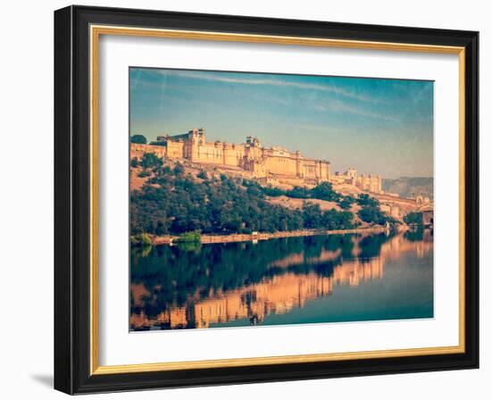 Vintage Retro Hipster Style Travel Image of Famous Rajasthan Landmark - Amer (Amber) Fort, Rajastha-f9photos-Framed Photographic Print