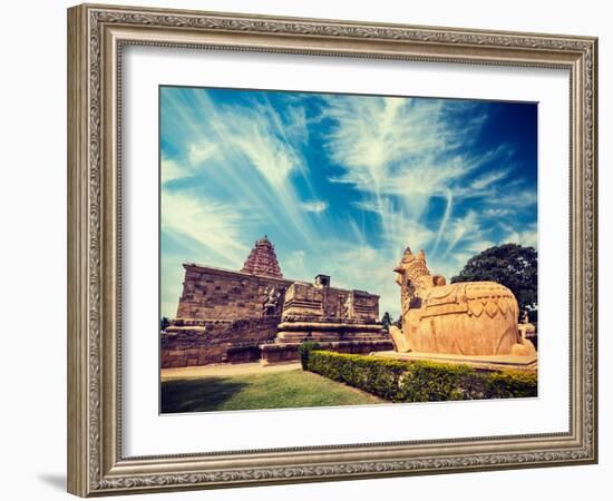 Vintage Retro Hipster Style Travel Image of Hindu Temple Gangai Konda Cholapuram with Giant Statue-f9photos-Framed Photographic Print