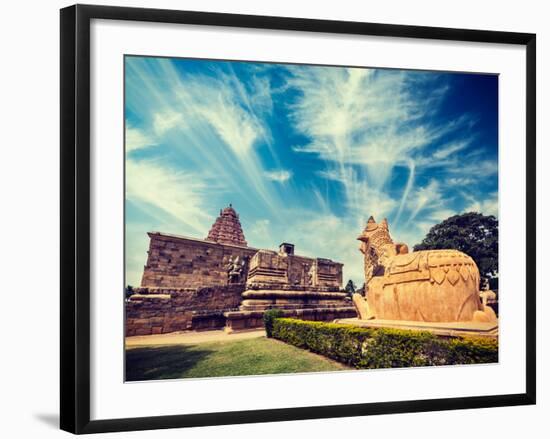 Vintage Retro Hipster Style Travel Image of Hindu Temple Gangai Konda Cholapuram with Giant Statue-f9photos-Framed Photographic Print