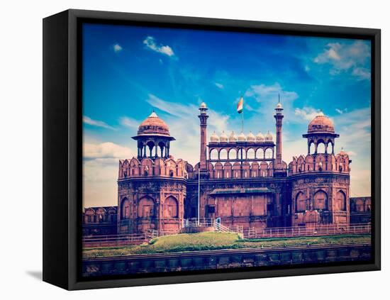 Vintage Retro Hipster Style Travel Image of India Travel Tourism Background - Red Fort (Lal Qila) D-f9photos-Framed Premier Image Canvas
