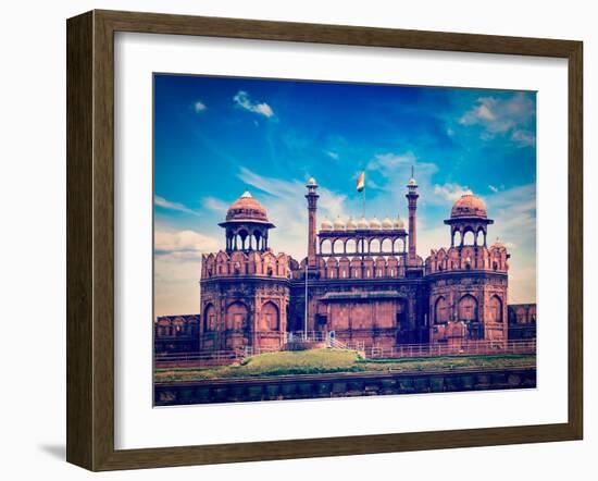 Vintage Retro Hipster Style Travel Image of India Travel Tourism Background - Red Fort (Lal Qila) D-f9photos-Framed Photographic Print