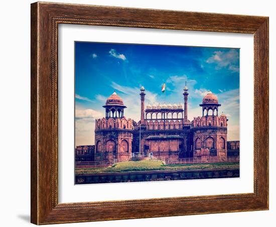 Vintage Retro Hipster Style Travel Image of India Travel Tourism Background - Red Fort (Lal Qila) D-f9photos-Framed Photographic Print