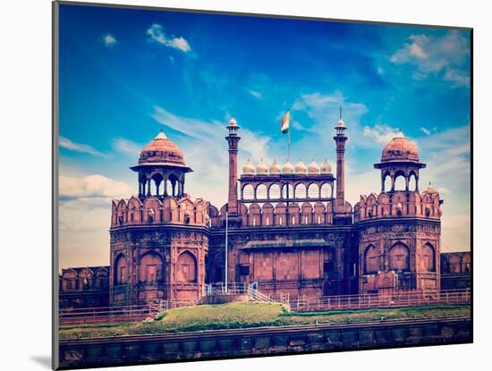Vintage Retro Hipster Style Travel Image of India Travel Tourism Background - Red Fort (Lal Qila) D-f9photos-Mounted Photographic Print