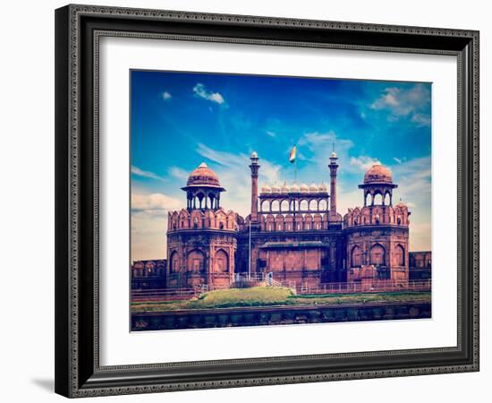 Vintage Retro Hipster Style Travel Image of India Travel Tourism Background - Red Fort (Lal Qila) D-f9photos-Framed Photographic Print