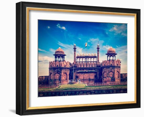 Vintage Retro Hipster Style Travel Image of India Travel Tourism Background - Red Fort (Lal Qila) D-f9photos-Framed Photographic Print