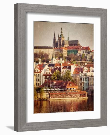 Vintage Retro Hipster Style Travel Image of Mala Strana and  Prague Castle over Vltava River with G-f9photos-Framed Photographic Print