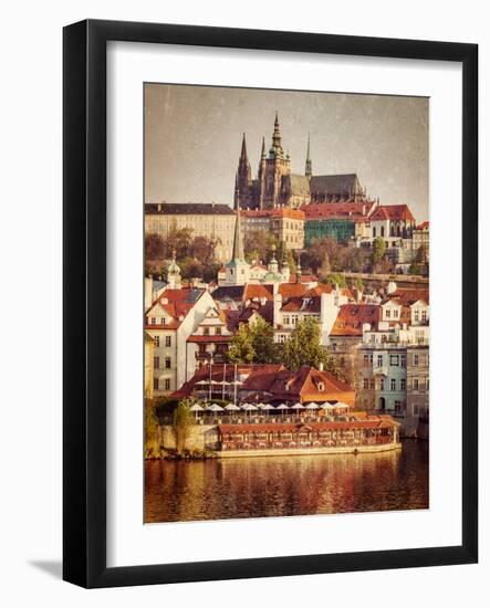 Vintage Retro Hipster Style Travel Image of Mala Strana and  Prague Castle over Vltava River with G-f9photos-Framed Photographic Print