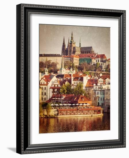 Vintage Retro Hipster Style Travel Image of Mala Strana and  Prague Castle over Vltava River with G-f9photos-Framed Photographic Print