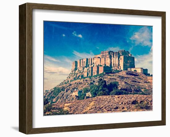 Vintage Retro Hipster Style Travel Image of Mehrangarh Fort, Jodhpur, Rajasthan, India with Grunge-f9photos-Framed Photographic Print