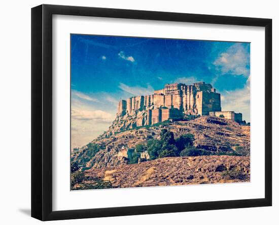 Vintage Retro Hipster Style Travel Image of Mehrangarh Fort, Jodhpur, Rajasthan, India with Grunge-f9photos-Framed Photographic Print