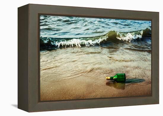 Vintage Retro Hipster Style Travel Image of Message Bottle on Beach Sand in Waves-f9photos-Framed Premier Image Canvas