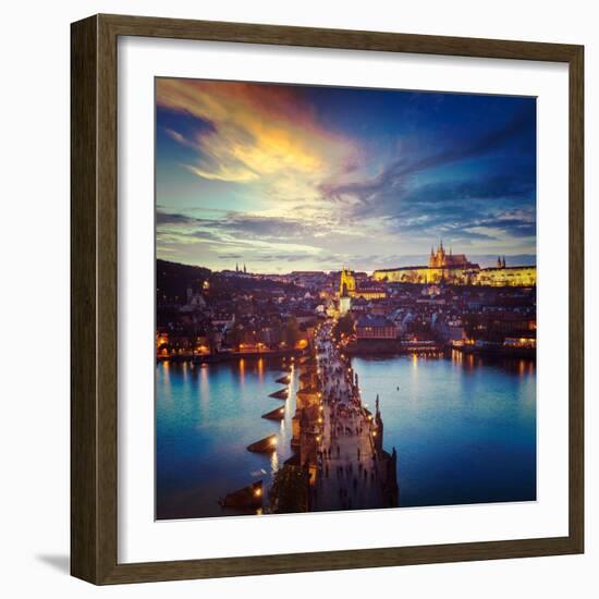Vintage Retro Hipster Style Travel Image of Night Aerial View of Prague Castle and Charles Bridge O-f9photos-Framed Photographic Print