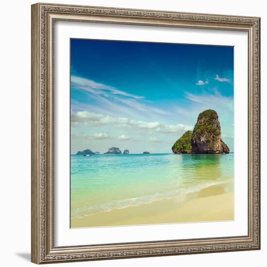 Vintage Retro Hipster Style Travel Image of Pranang Beach. Krabi, Thailand-f9photos-Framed Photographic Print