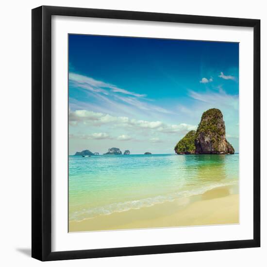 Vintage Retro Hipster Style Travel Image of Pranang Beach. Krabi, Thailand-f9photos-Framed Photographic Print