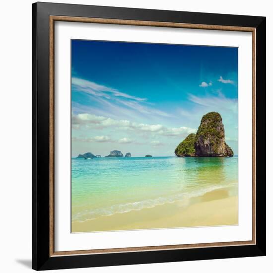 Vintage Retro Hipster Style Travel Image of Pranang Beach. Krabi, Thailand-f9photos-Framed Photographic Print