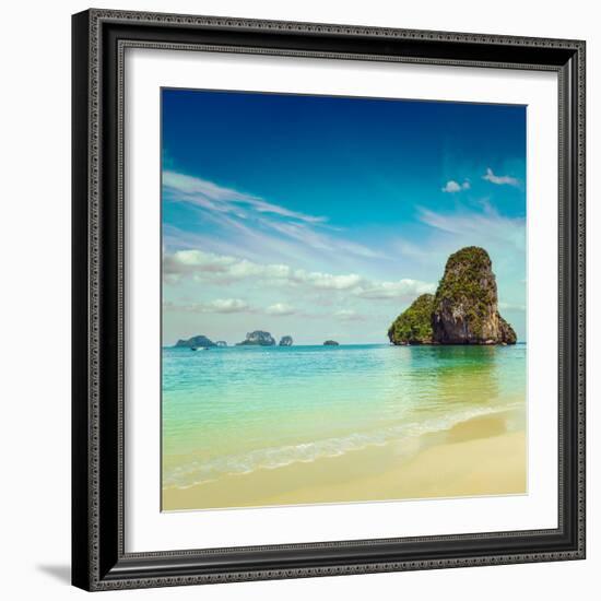 Vintage Retro Hipster Style Travel Image of Pranang Beach. Krabi, Thailand-f9photos-Framed Photographic Print