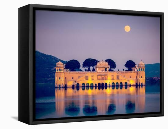 Vintage Retro Hipster Style Travel Image of Rajasthan Landmark - Jal Mahal (Water Palace) on Man Sa-f9photos-Framed Premier Image Canvas