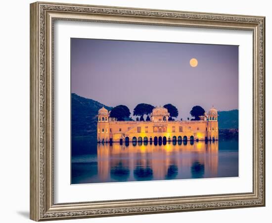 Vintage Retro Hipster Style Travel Image of Rajasthan Landmark - Jal Mahal (Water Palace) on Man Sa-f9photos-Framed Photographic Print