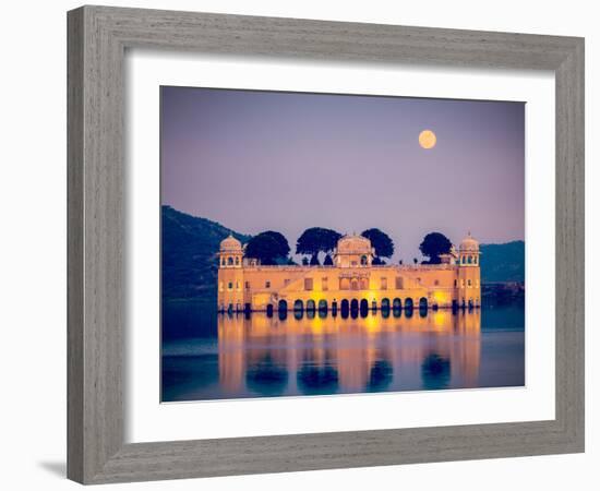 Vintage Retro Hipster Style Travel Image of Rajasthan Landmark - Jal Mahal (Water Palace) on Man Sa-f9photos-Framed Photographic Print