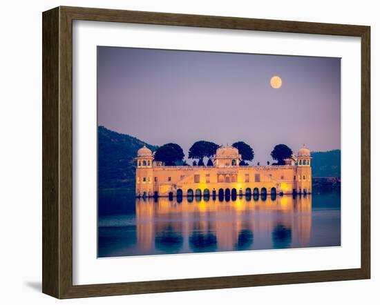 Vintage Retro Hipster Style Travel Image of Rajasthan Landmark - Jal Mahal (Water Palace) on Man Sa-f9photos-Framed Photographic Print