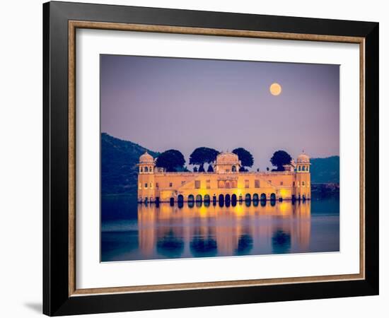 Vintage Retro Hipster Style Travel Image of Rajasthan Landmark - Jal Mahal (Water Palace) on Man Sa-f9photos-Framed Photographic Print