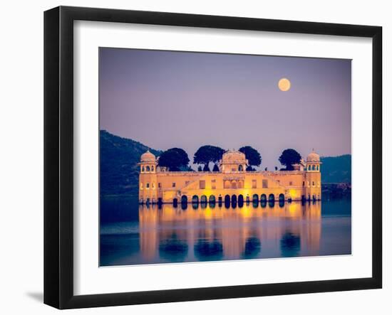 Vintage Retro Hipster Style Travel Image of Rajasthan Landmark - Jal Mahal (Water Palace) on Man Sa-f9photos-Framed Photographic Print