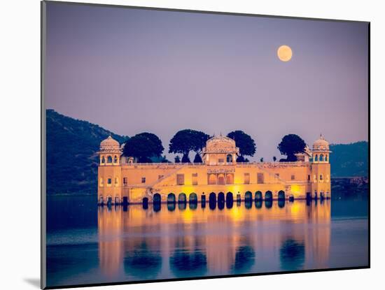 Vintage Retro Hipster Style Travel Image of Rajasthan Landmark - Jal Mahal (Water Palace) on Man Sa-f9photos-Mounted Photographic Print